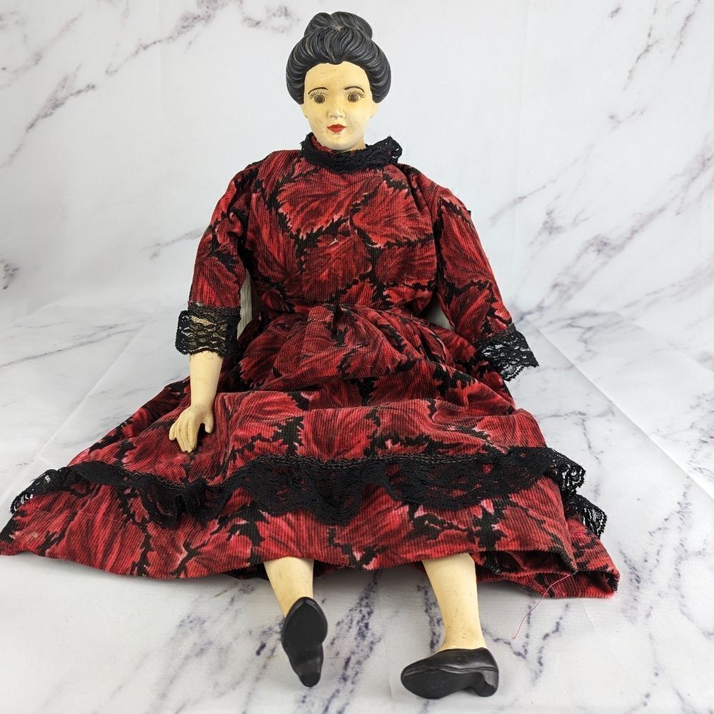 Vintage Porcelain China Head Doll Large Red Floral Dress Hand Painted 25" Length